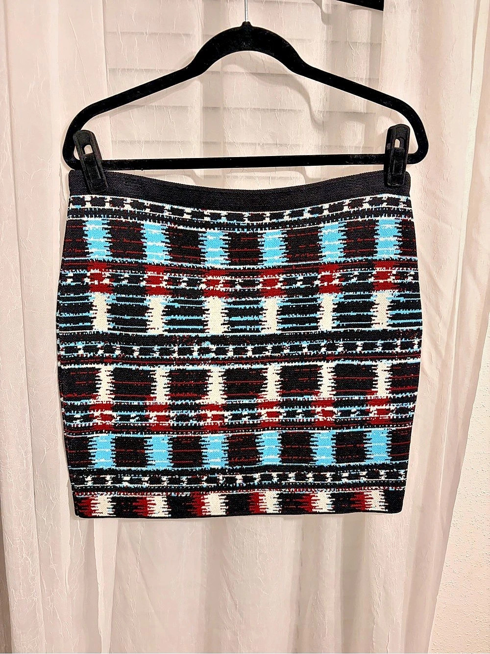 Rachel Roy Geometric Knit Mini Skirt in Black & Blue
